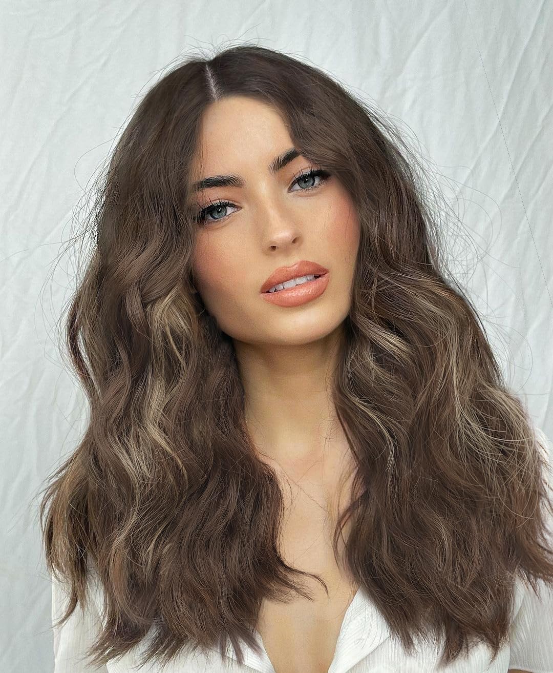 AISI HAIR Brown Wigs for Women, Highlight Brown Long Curly Wavy Hair Wig Synthetic Heat Resistant Fiber Wigs for Daily Use