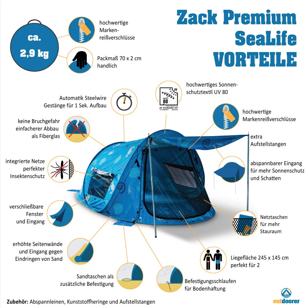 outdoorer Wurf-Strandmuschel zum Verschließen Zack Premium Sealife - verschließbare Strandmuschel, Popup, UV-Schutz 80, Insekten-, Sicht- und Sonnenschutz für die ganze Familie