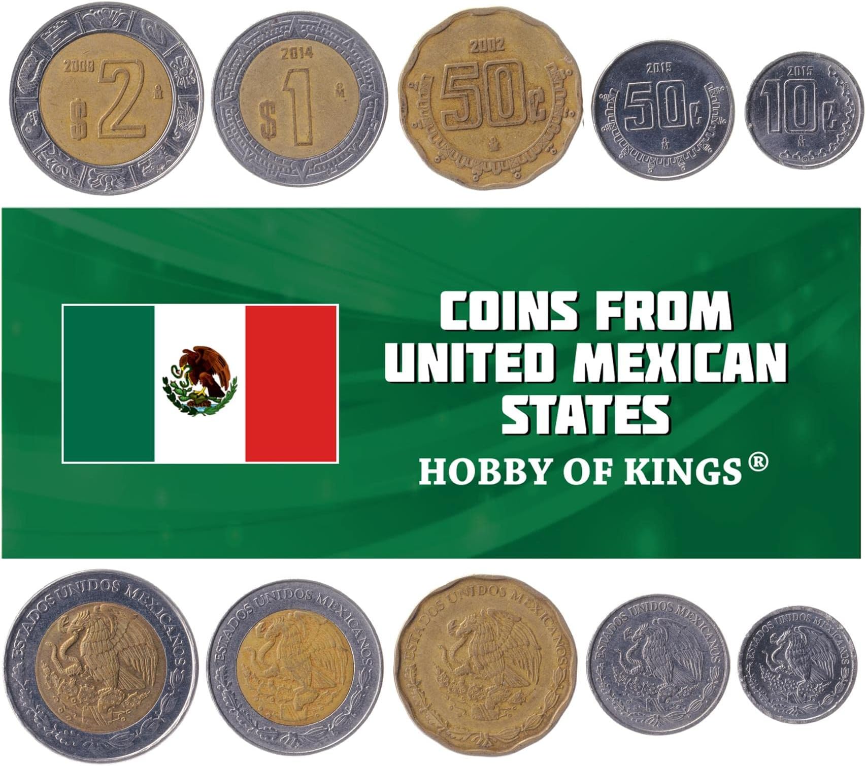 Mexico 5 Mixed Coins | 2 Centavos to 2 Pesos | Mexican Currency Since 1970