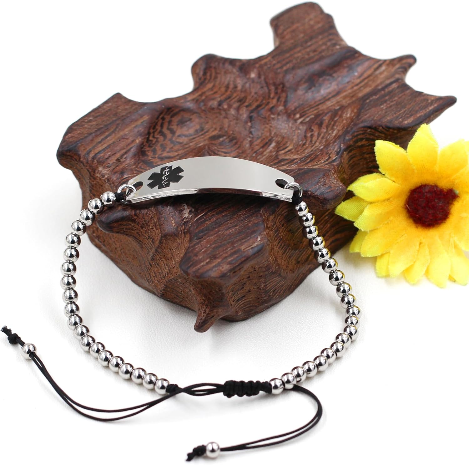 Uloveido Medical Alert ID Bracelet Laser Engraved Epilepsy Adjustable Wristband for Women Emergency First Aid, 4mm Stainless Steel Beads Engraved Health Alert Bracelet for Women Girls Y4301 - Image 5