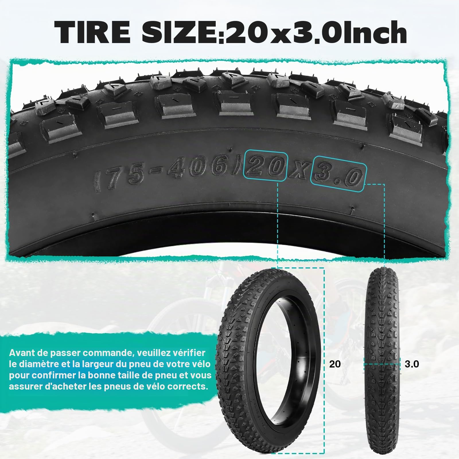 MEGHNA Pneu de vélo électrique 16/20/26 x 3,0" compatible avec 76-305/76-406/76-559 VTT/Fat Tires/Snow&Electric Bike