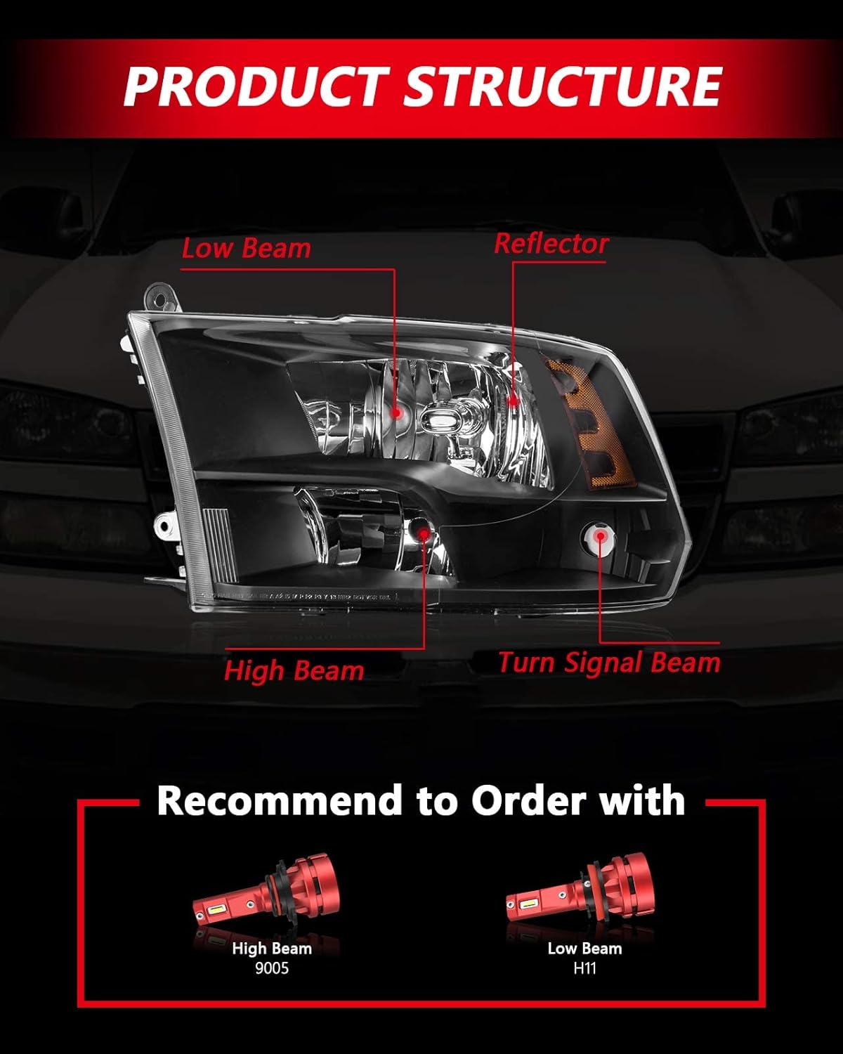 KAX Ram Headlight Housing from, Replacement Headlight Assembly for 2009-2010 Ram 1500/2500/3500, 2011-2012 Ram 1500/2500/3500 Chrome Housing Smoke Lens Driver & Passenger Side