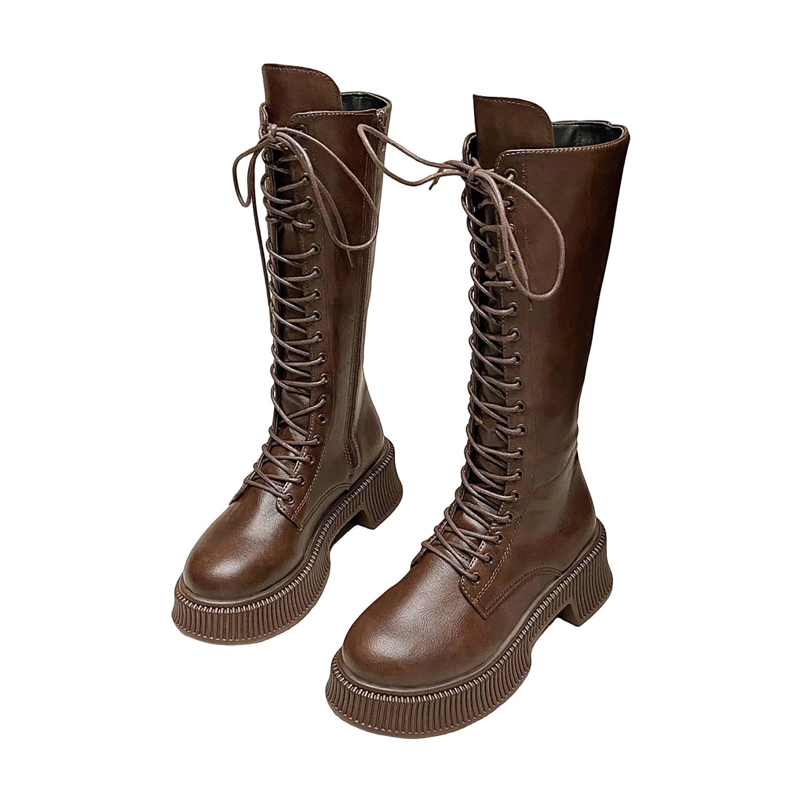 Stivali alti al ginocchio, da donna, con plateau lungo, da moto, con tacco piatto, con chiusura a strappo, in pelle, per autunno e inverno