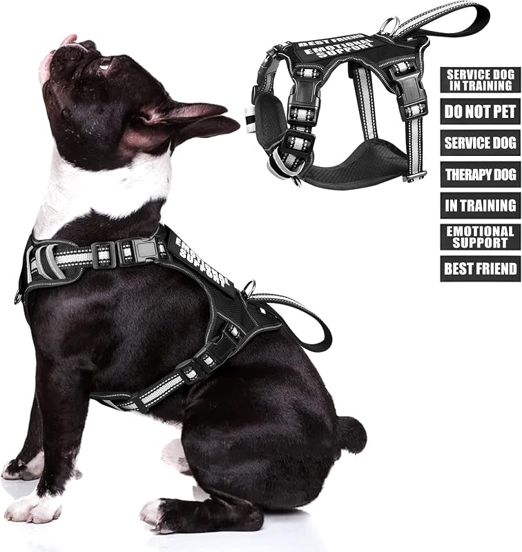 Peitoral Vest para Cães WINSEE com Controle de Tração, Faixas Refletivas e 7 Patches – Tamanho Médio, Preto