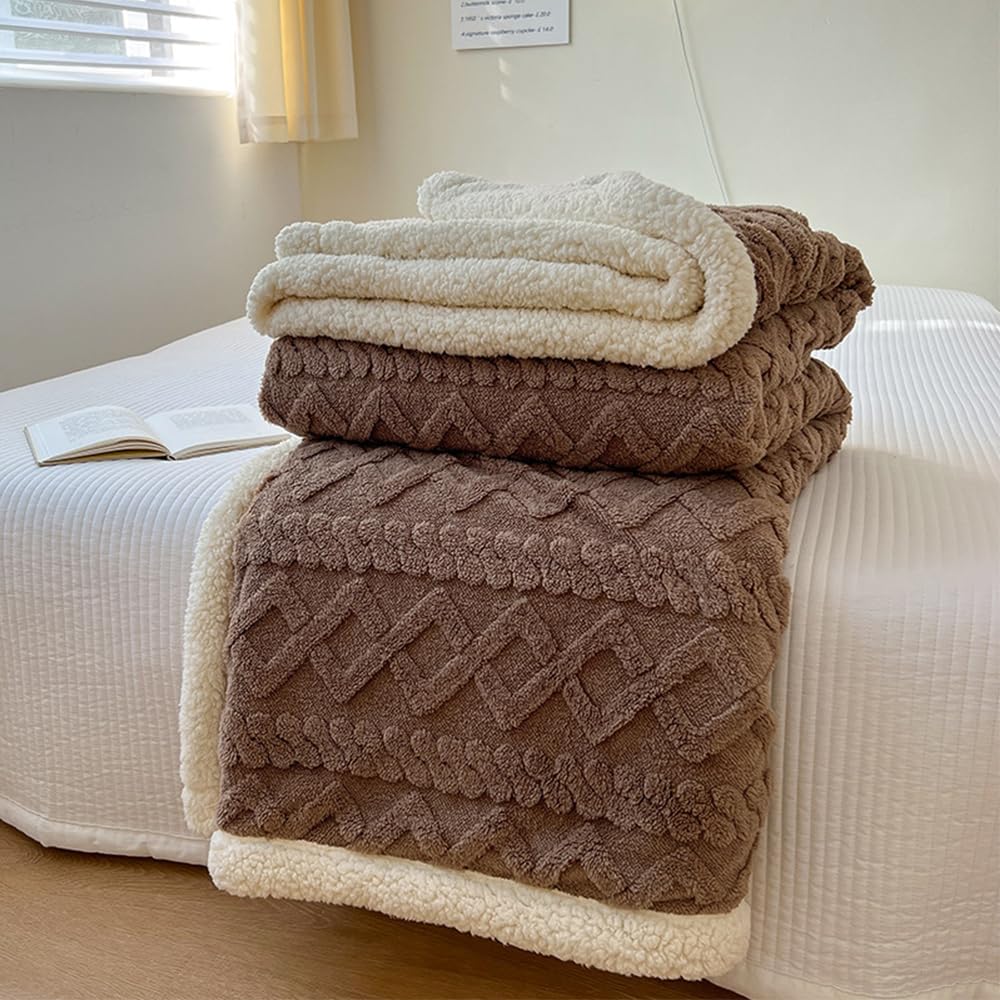 NUODWELL Manta de forro polar Sherpa – Manta mullida de doble cara suave y cálida de forro polar jacquard coral para cama, sofá, sofá (150 x 200 cm, café)