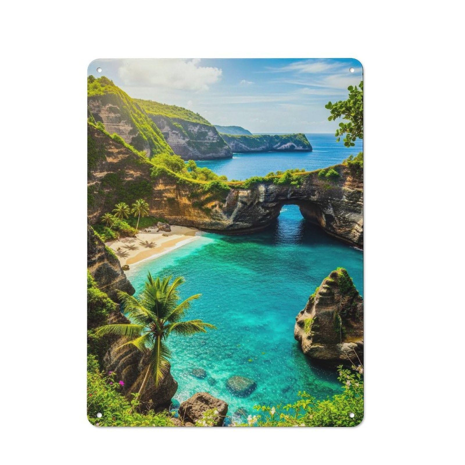 Junmoney Style-13 Tropical Beach Paradise With Natural Arch Metal Wall Plaque 40X30cm, Character Room Wall Plaque For Hallway, Home Bar, Garage Or Study