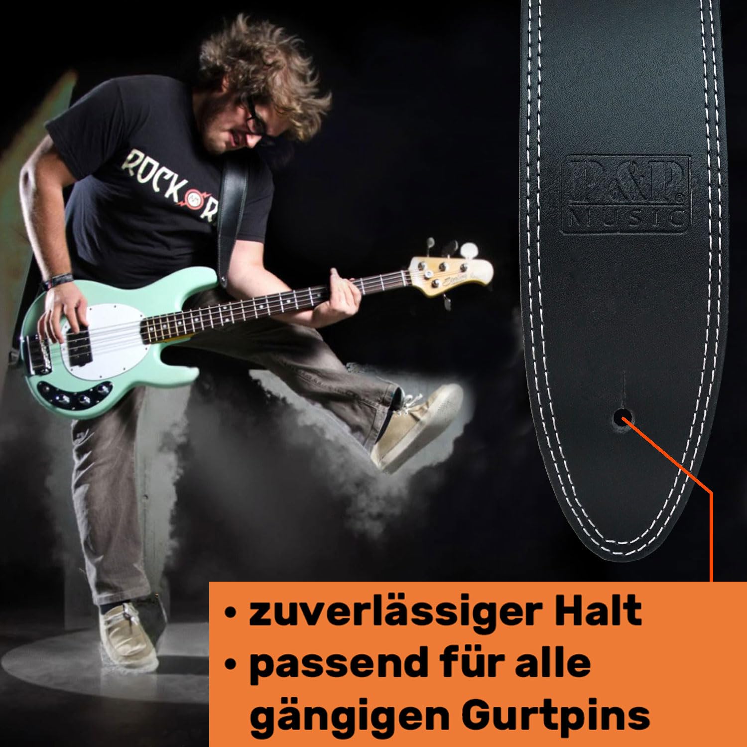 keepdrum Personalisierter Gitarrengurt aus Echt-Leder Schwarz mit individueller Text-Gravur
