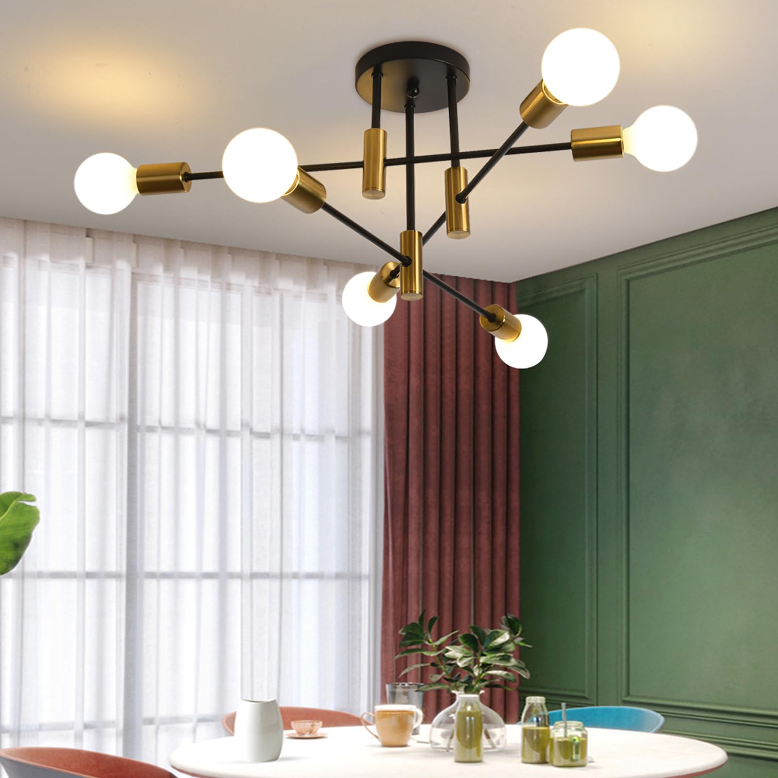 Garwarm Semi Flush Mount Ceiling Light – 4-Light Gold & Black Sputnik Chandelier, Adjustable Arms, E26 Base, Mid-Century Modern For Kitchen, Dining, Bedroom, Foyer