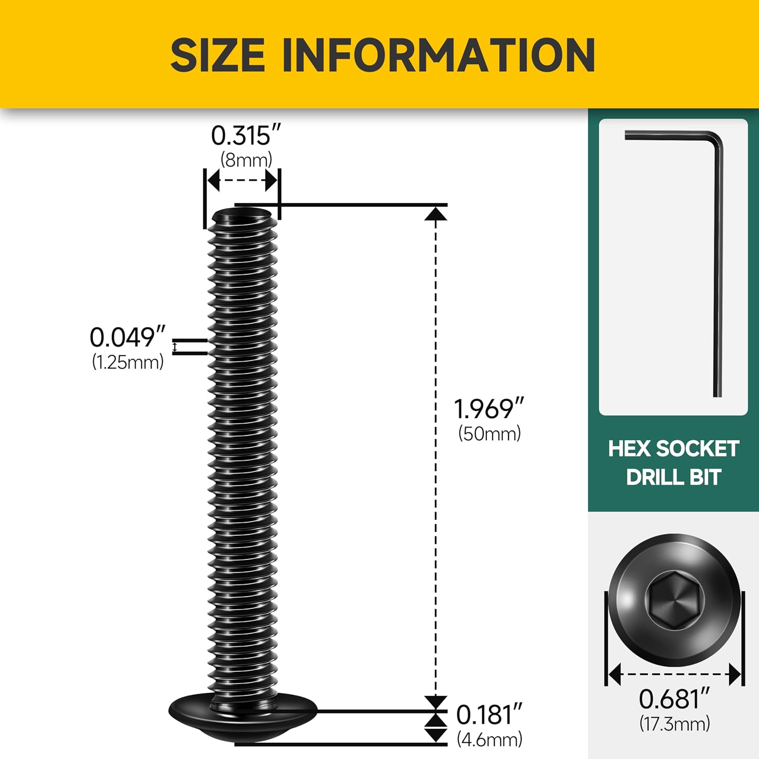 Mywish M8 x 50mm 20Pcs Flange Button Head Hex Socket Cap Screws Bolts, 304 Stainless Steel Furniture M8 x 1.25 Bolts Full Thread, Black Oxide & Hex Spanner