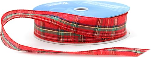 Berwick Cinta para manualidades Clarkston con borde de alambre de 1-1/2 pulgadas de ancho por 50 yardas, rojo/verde/dorado