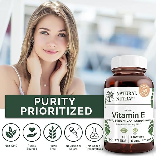Miniatura 4 de Natural Nutra d-Alpha Tocopherol Vitamin E 200 IU Supplement for Healthy Skin Hair and Nails Promotes Heart Health Face Elasticity and Scar Repair