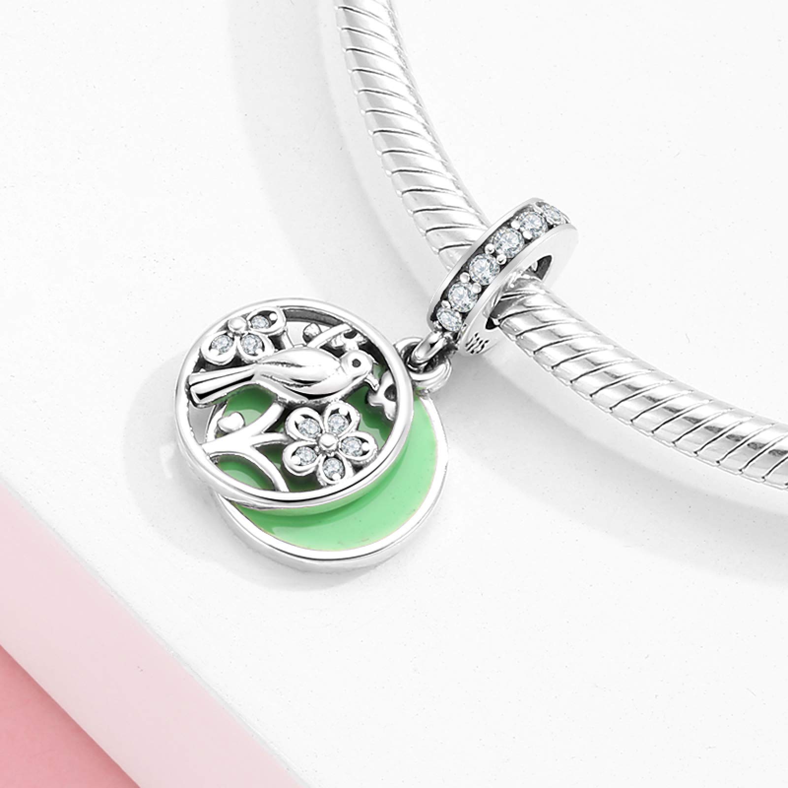 Damen-Perlen-Charms, Silber-Anhänger, Anhänger-Perlen, 925er-Silber-Charm, Blumen, Vögel, Emaille-Charms, passend for Original-Silber-DIY-Armband, edlen Schmuck