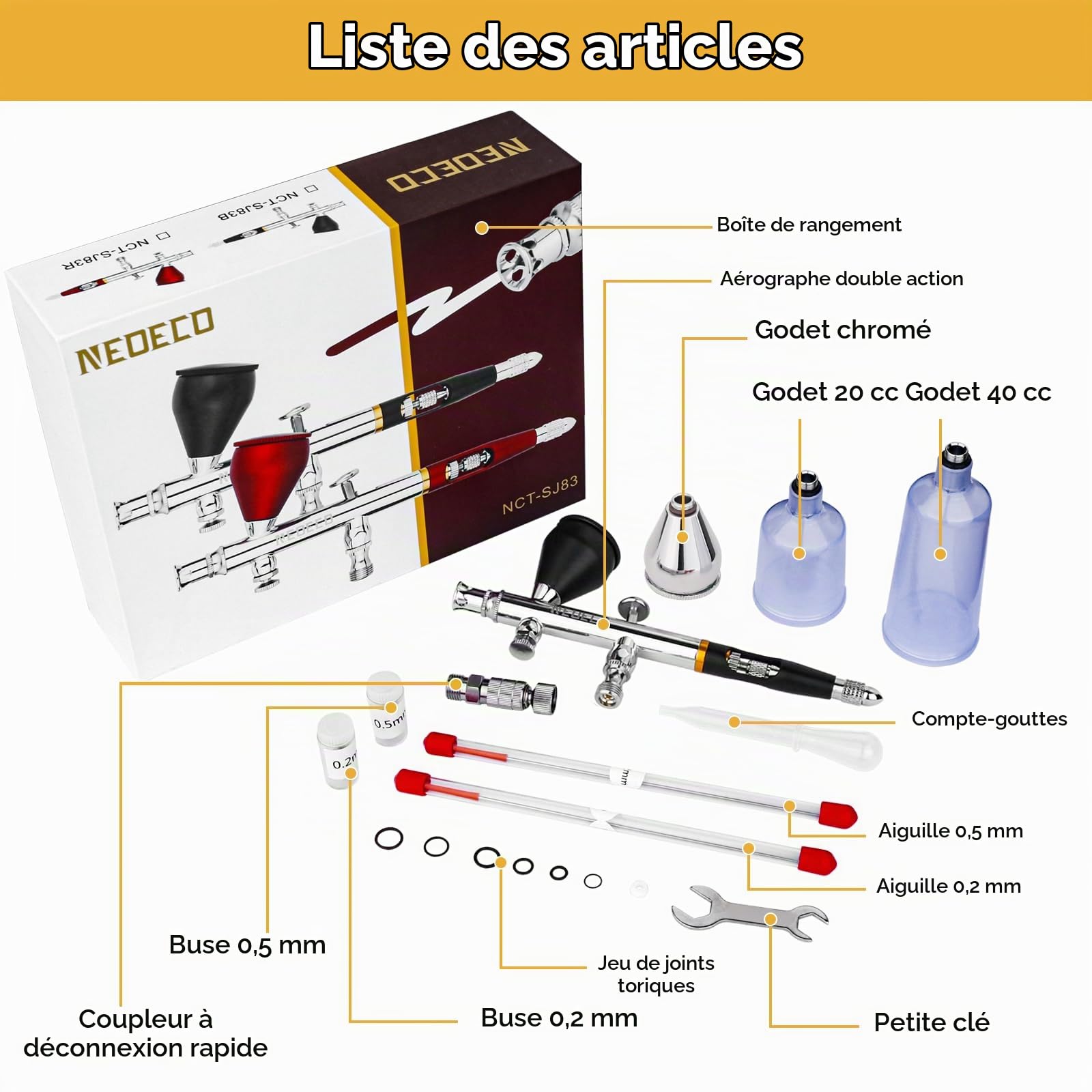 NEOECO SJ83 Aérographe, buse enfichable à centrage automatique, ensembles de buses de 0,2, 0,3 et 0,5 mm et tasse en oz, aérographe à double action avec tasses de rechange de 0,2 g et 4/85 g (noir)
