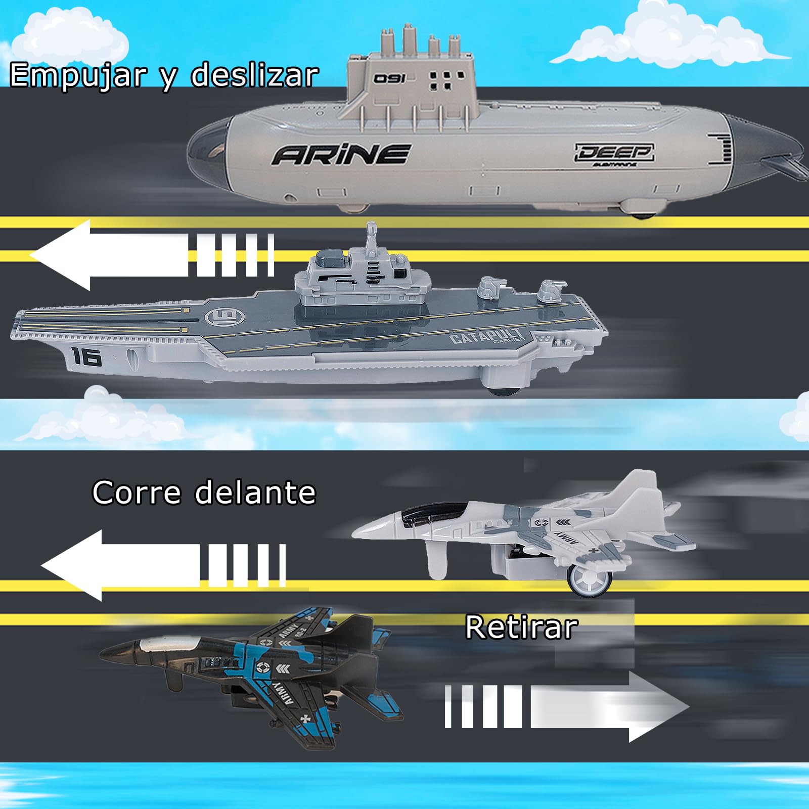 VBACALA Portaaviones de Juguete Niños, Aviones Militares y Submarino con Función de Retroceso, Juego de Batalla Naval con Accesorios, Juguetes Educativos para Niños +3 Años
