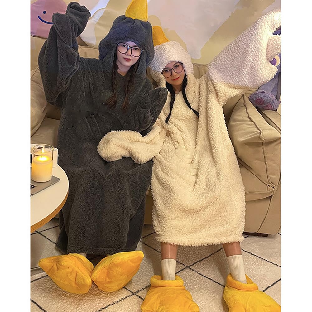 Goose Blanket Hoodie Onesie Adult & Kid,Oversized Warm Duck Wearable Hoodie Blanket with Sleeves,Cozy Sleeping Bag (white, L)
