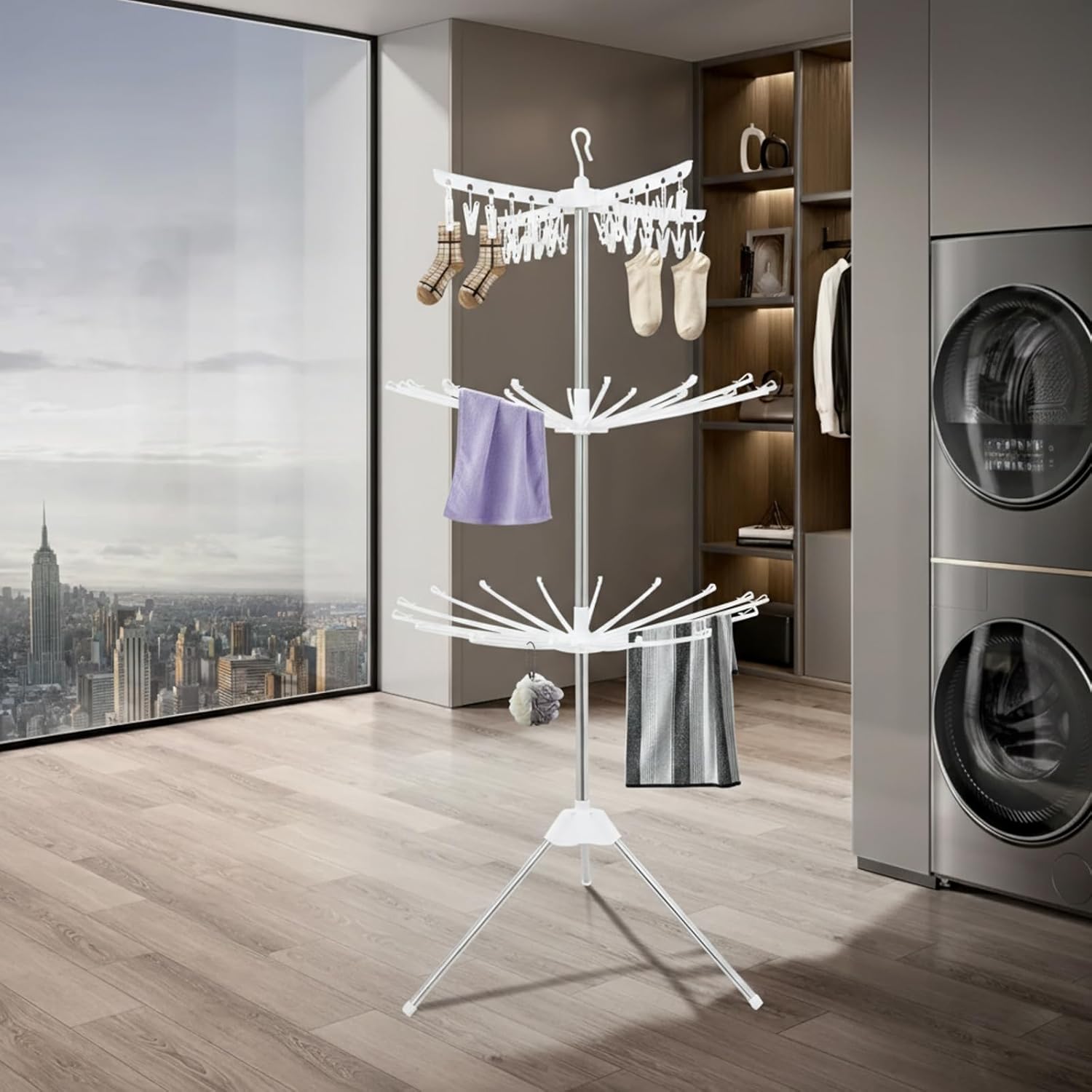 3-Tier Clothes Drying Rack, Foldable Laundry Stand with 24 Clips, Tripod Laundry Drying Rack Indoor, Stainless Steel, White