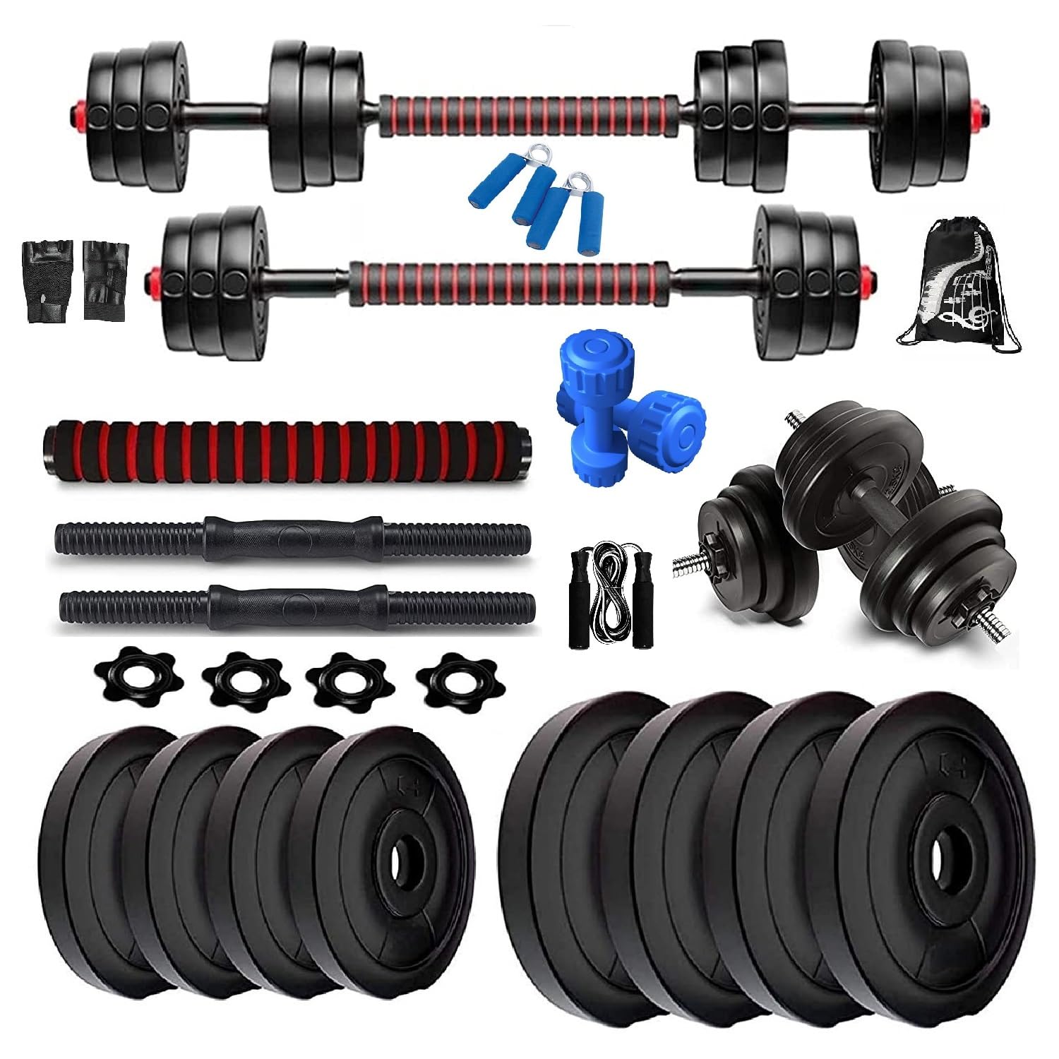 bodyfit adjustable dumbbells weights fitness home gym exercise set, free 1kg pvc dumbbell pair. (8kg set)