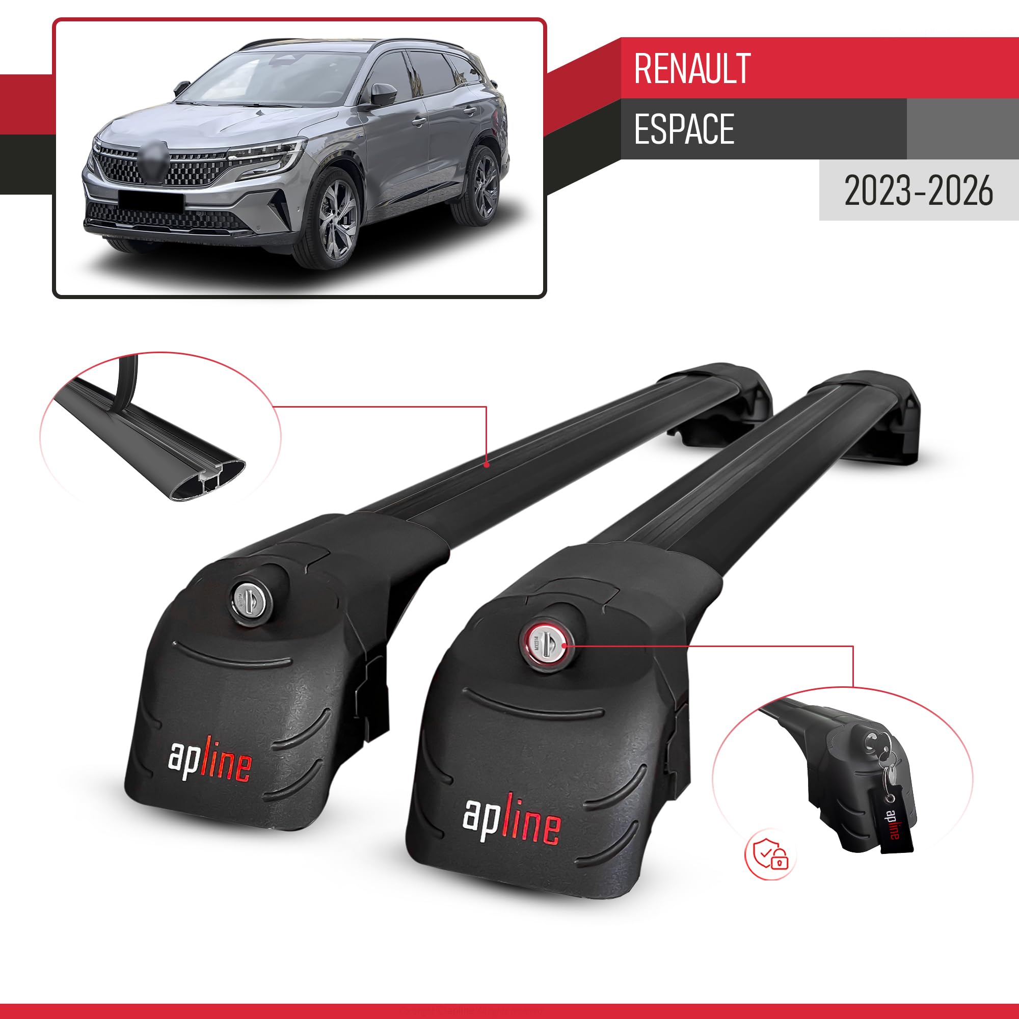 Compatible con Renault Espace 2023-2026 Modelo Ace-2 Barra de Techo Auto Portaequipajes Barras Transversales Negro Aluminio 2 Barras