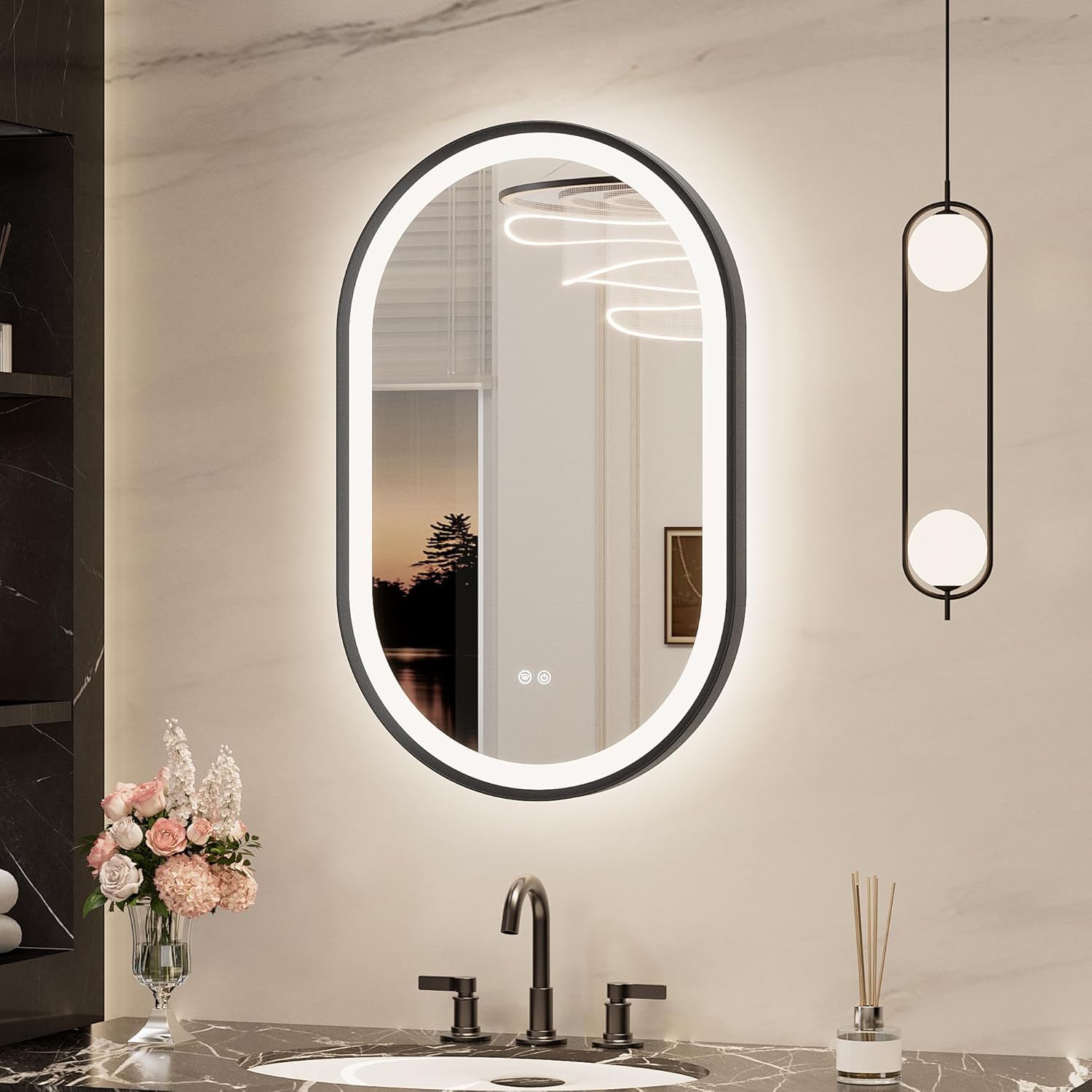 Keonjinn Oval LED Bathroom Mirror 20x32 Inch, Black Beveled Metal Frame, Frontlit & Backlit Bathroom Mirror with 3 Color Tempurature, Dimmable Lighted Mirrors for Wall with Anti-Fog, HD Tempered Glass 32"L x 20"W Matte Black