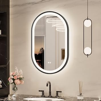 Keonjinn Oval LED Bathroom Mirror 20x32 Inch, Black Beveled Metal Frame, Frontlit & Backlit Bathroom Mirror with 3 Color Tempurature, Dimmable Lighted Mirrors for Wall with Anti-Fog, HD Tempered Glass