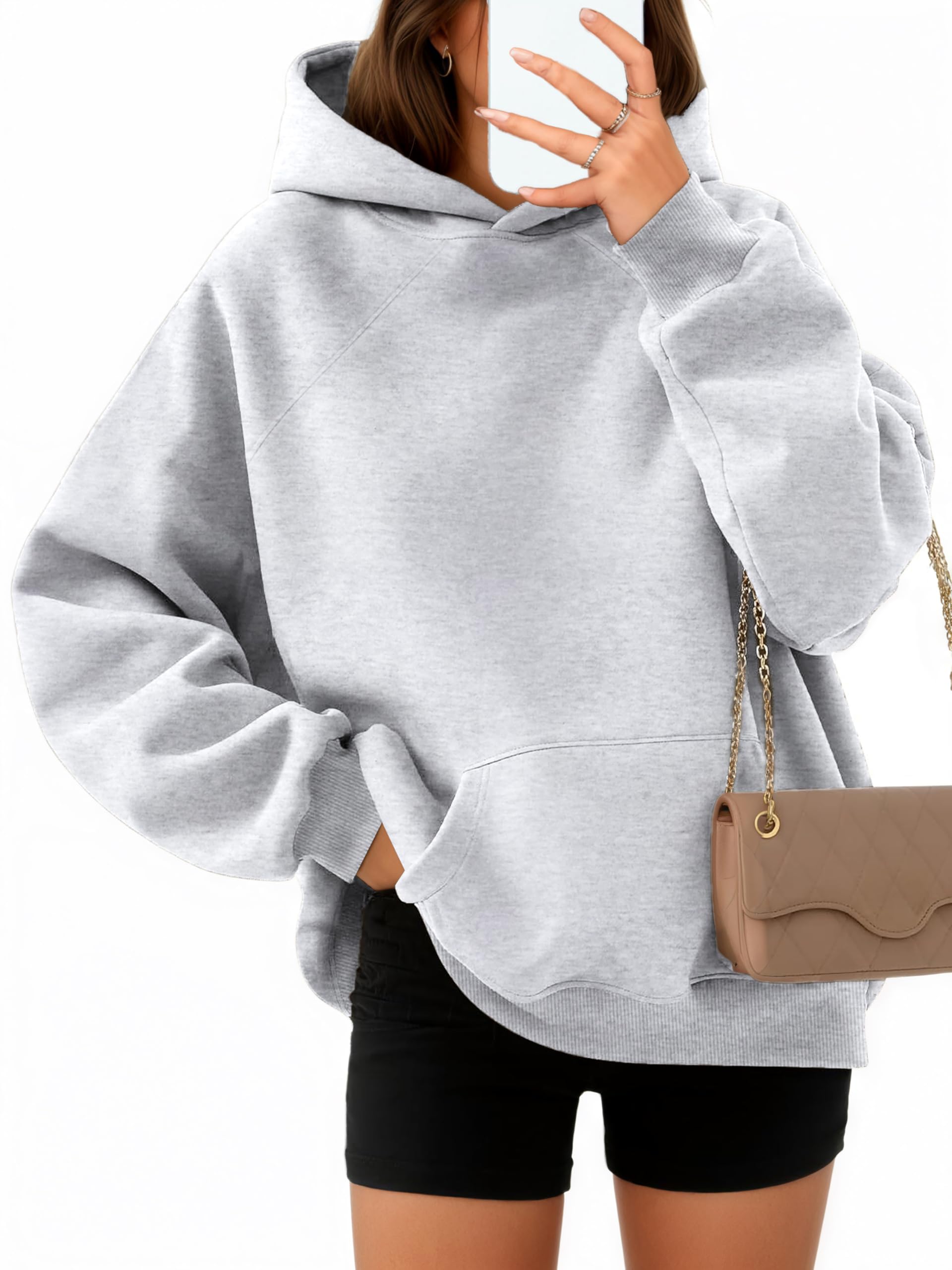 Timuspo Women's Hoodies Langarm Locker Kapuzenpulli Damen Sport Style Sweatshirts Comfy Kapuzenpullover mit Tasche Sweatpullover Grau XL