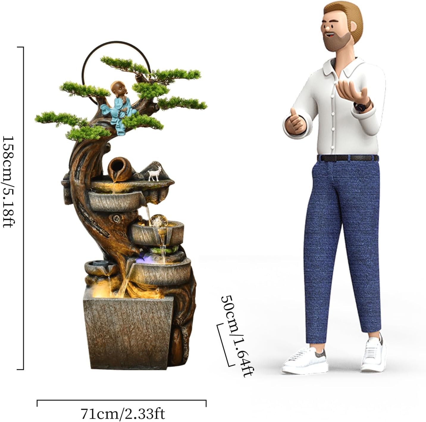 Zen Tree Indoor Water Fountain with Mist & LED – Resin Bonsai Design with Monk, Crystal Ball & Rotating Wheel, Multiple Sizes for Home Decor (Large)