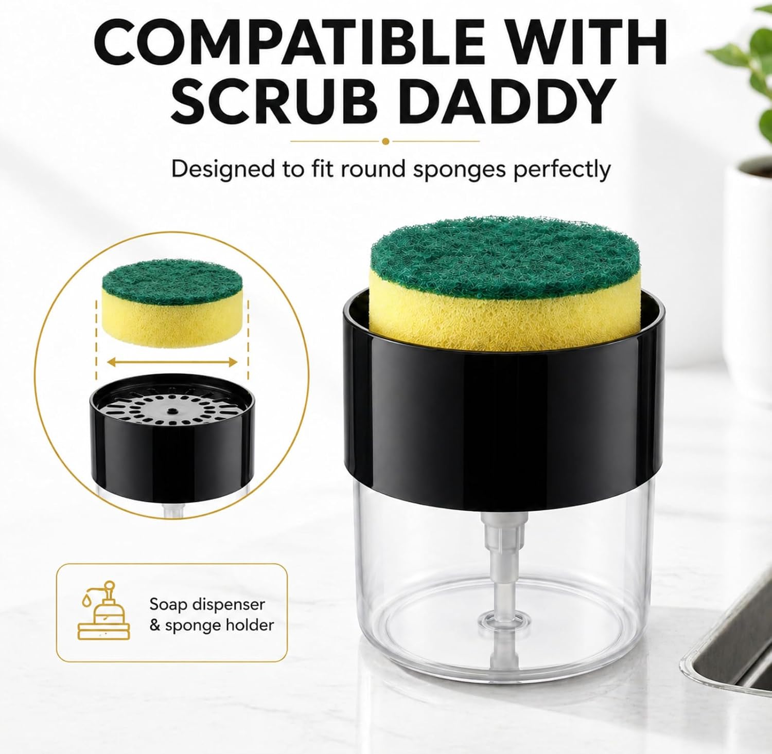 Soap Dispenser & Sponge Holder Compatible with Scrub Daddy Sponges - Kitchen Sink Pump Dispenser, Instant Refill, Black