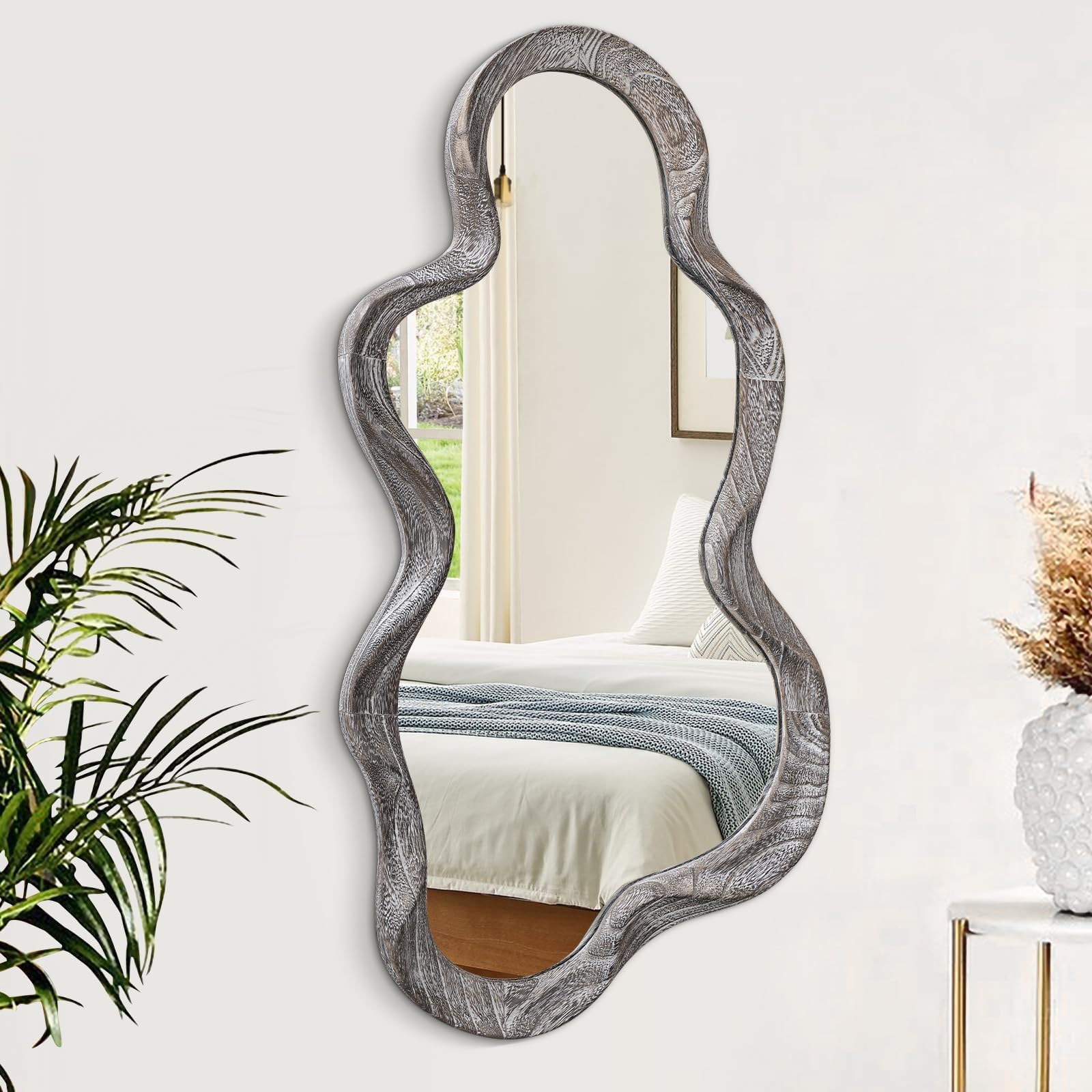 Asymmetrical Cloud Wavy Mirror, Modern Wood Frame, Unique Artistic Decor for Cloakroom, Bedroom, Living Room, Bathroom, Entryway, White, 30"L x 14"W