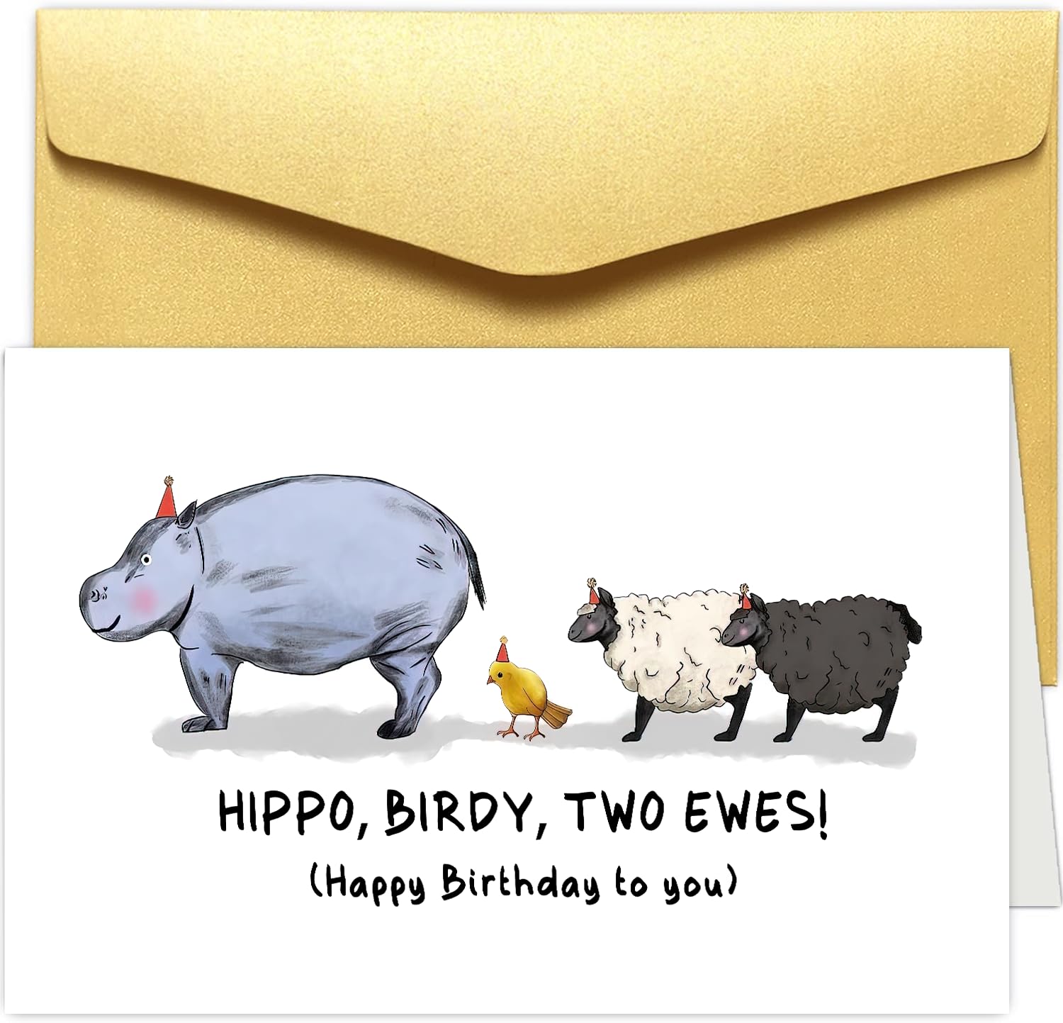 Funny Animals Birthday Pun Card, Cute Happy Birthday Greeting Card, Hippo Birdy Two Ewes Birthday Card