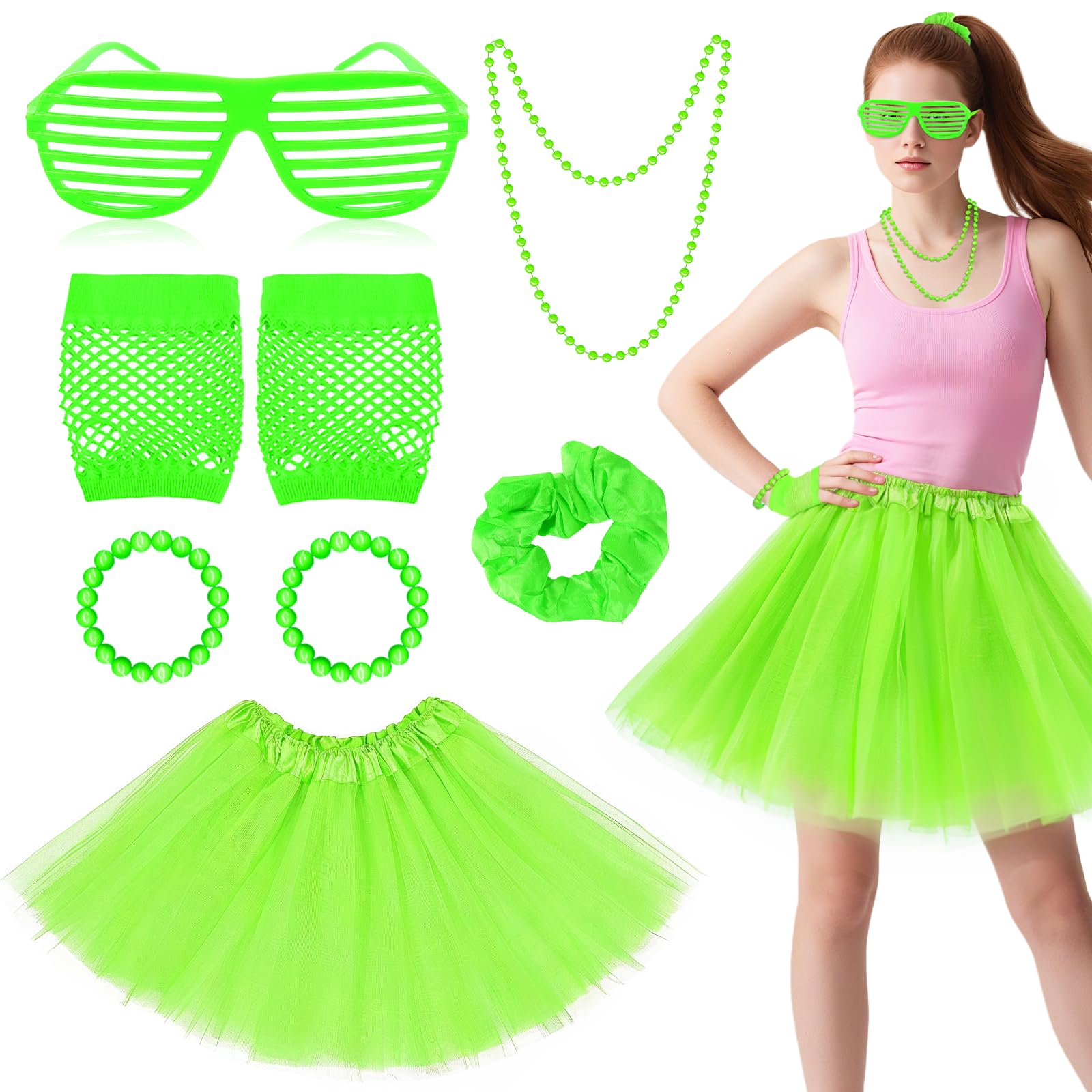 80s Fancy Dress Costumes Accessories for Women,8PCS Retro 1980S Party Outfit Accessories With Tutu Skirt,Neon Glasses,Fishnet Gloves,Headband,Girls 80S Outfit Kit for 1980s Retro Themed Party