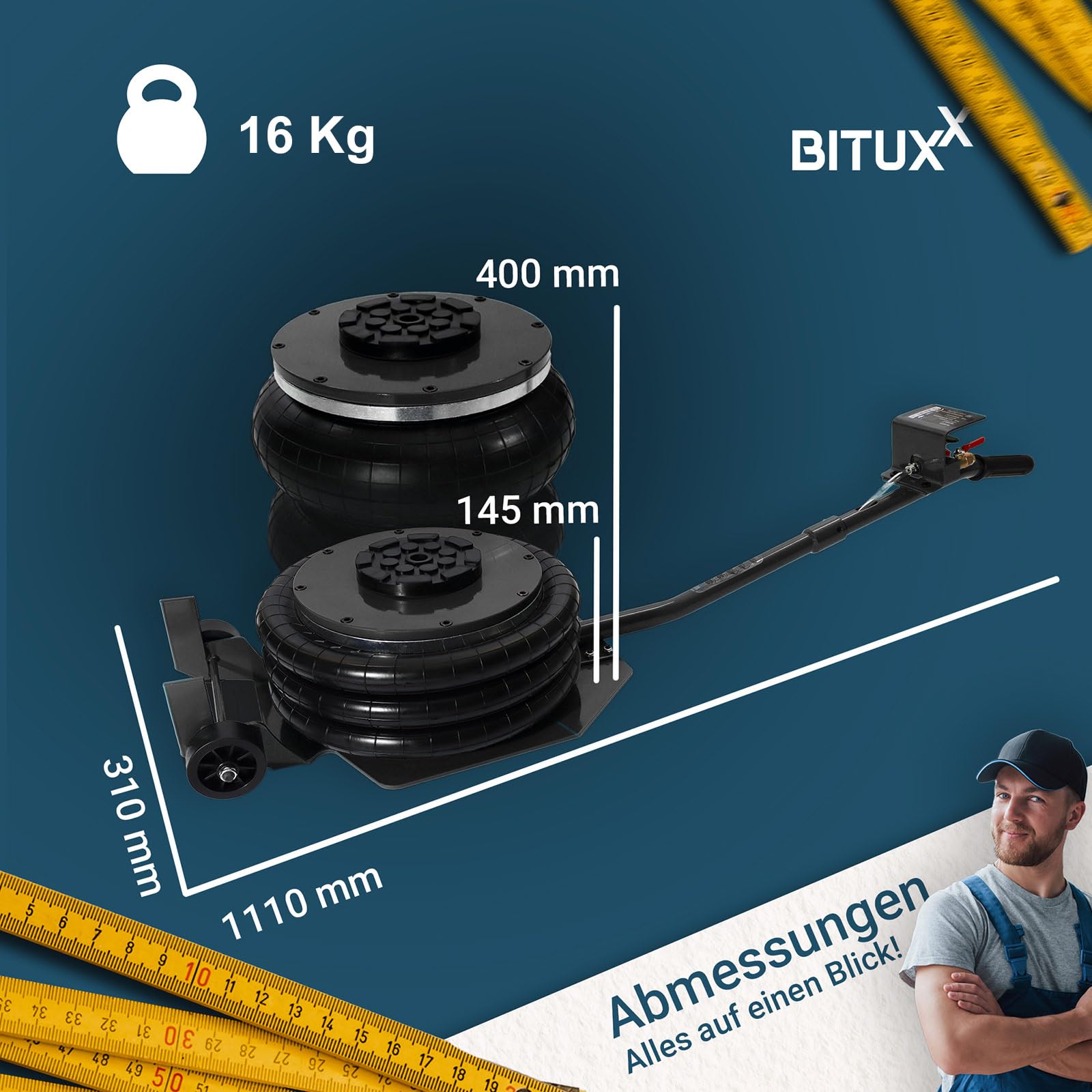 BITUXX Pneumatischer Wagenheber Druckluftwagenheber Luftkissen Autoheber für KFZ Auto bis 3000Kg 3T Schwarz