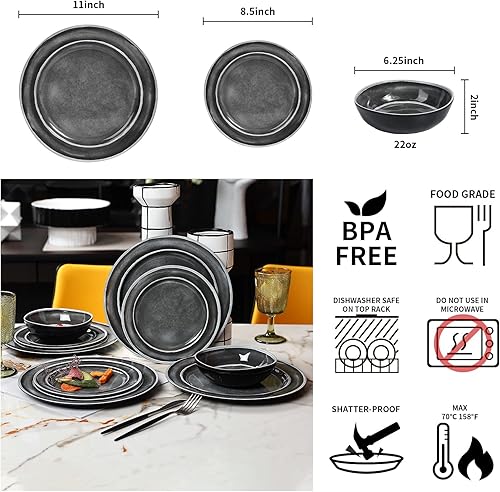 Miniatura 2 de Juego de vajilla de melamina, 12 platos y cuencos de melamina para 4, adecuados para uso en interiores y exteriores, color negro
