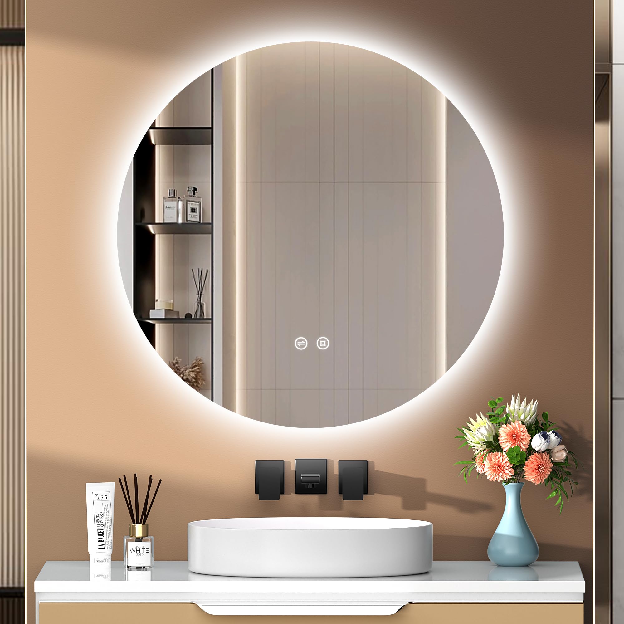Badezimmer Spiegel mit Beleuchtung, 60cm LED Bad Spiegel mit 3 Lichtfarben, Dimmbar, Touch-Schalter, Speicherfunktion, Energiesparend Runder Badezimmerspiegel
