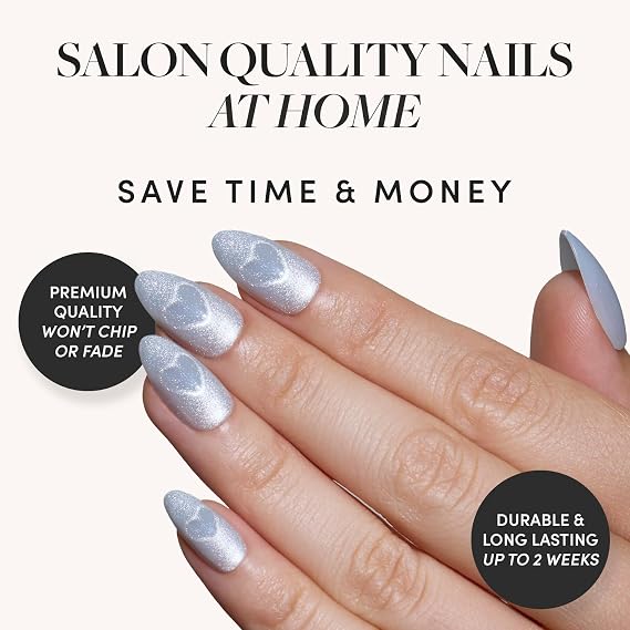 Glamnetic Press-On Nails Bundle - Sweater Weather & Cold Hearted | Short Almond Fake Nails with White Glitter French Tips & 3D Designs | Short Almond Fake Nails with Heart Accent and Pale Blue Velvet