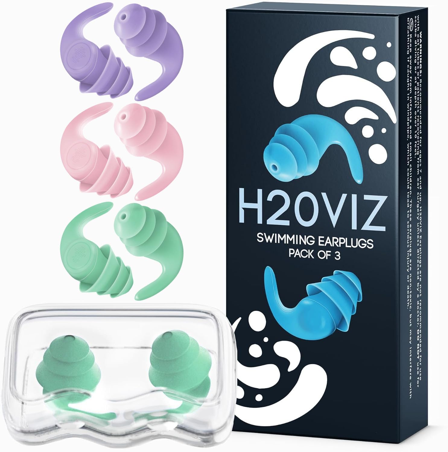 Pro Swim Ear Plugs | 3 Pairs | Waterproof, Reusable Silicone Earplugs for Swimming, Surfin...