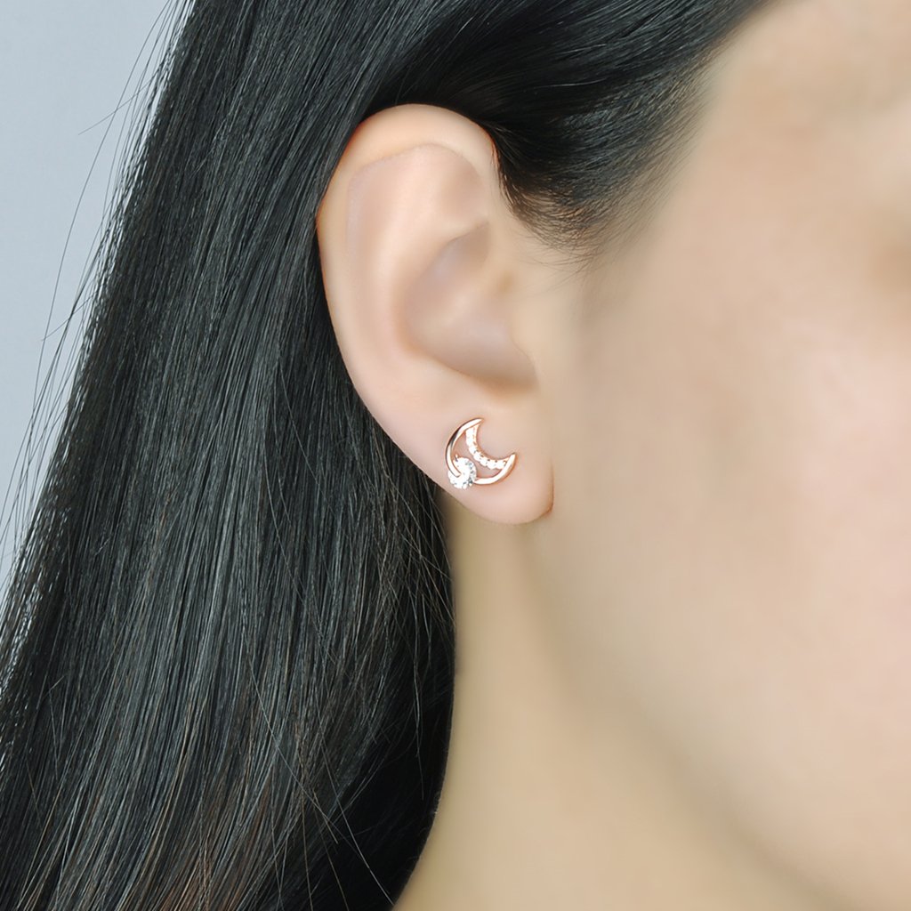 Pendientes Mujer Niña, Yumilok-Moda Pendientes con Brillantes Circontias Estrella y Luna, Oro Rosa S925 Plata de Ley