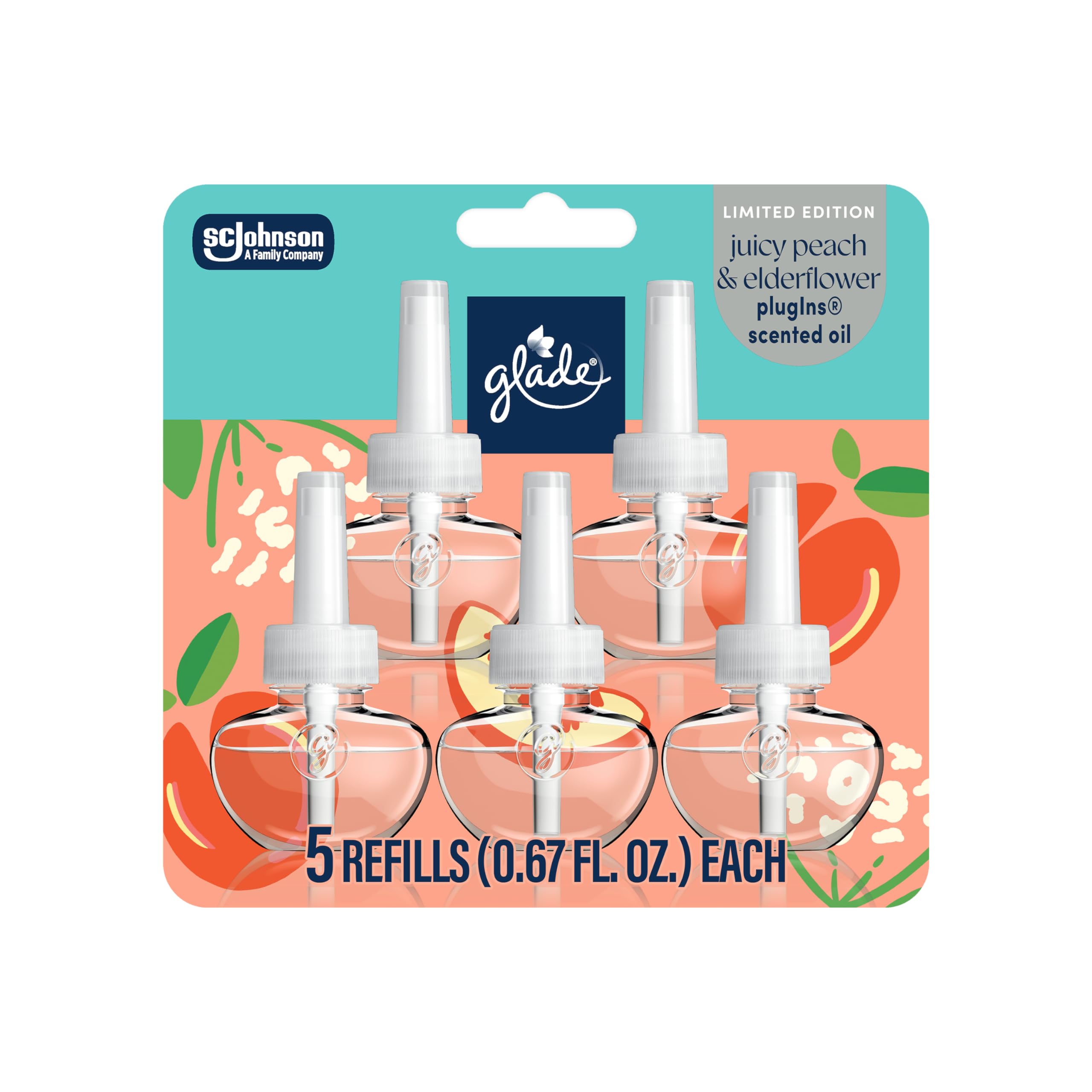 Glade PlugIns Refills Air Freshener, Juicy Peach & Elderflower, Scented and Essential Oils for Home and Bathroom, 0.67 Fl Oz, 5 Count