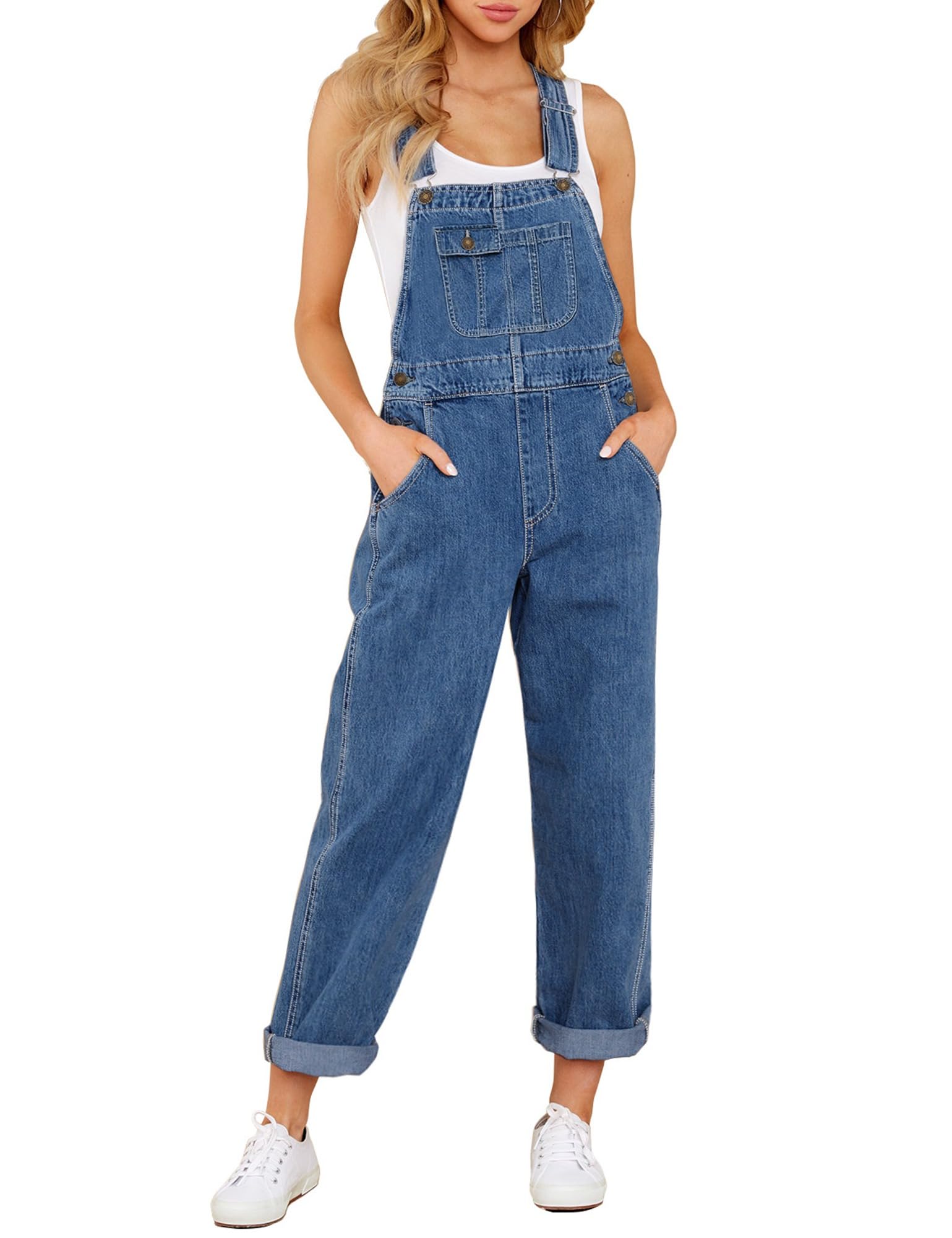 Roskiky Salopette da donna in denim, elasticizzati, dritta, in jeans, vestibilità normale, con cinghie regolabili