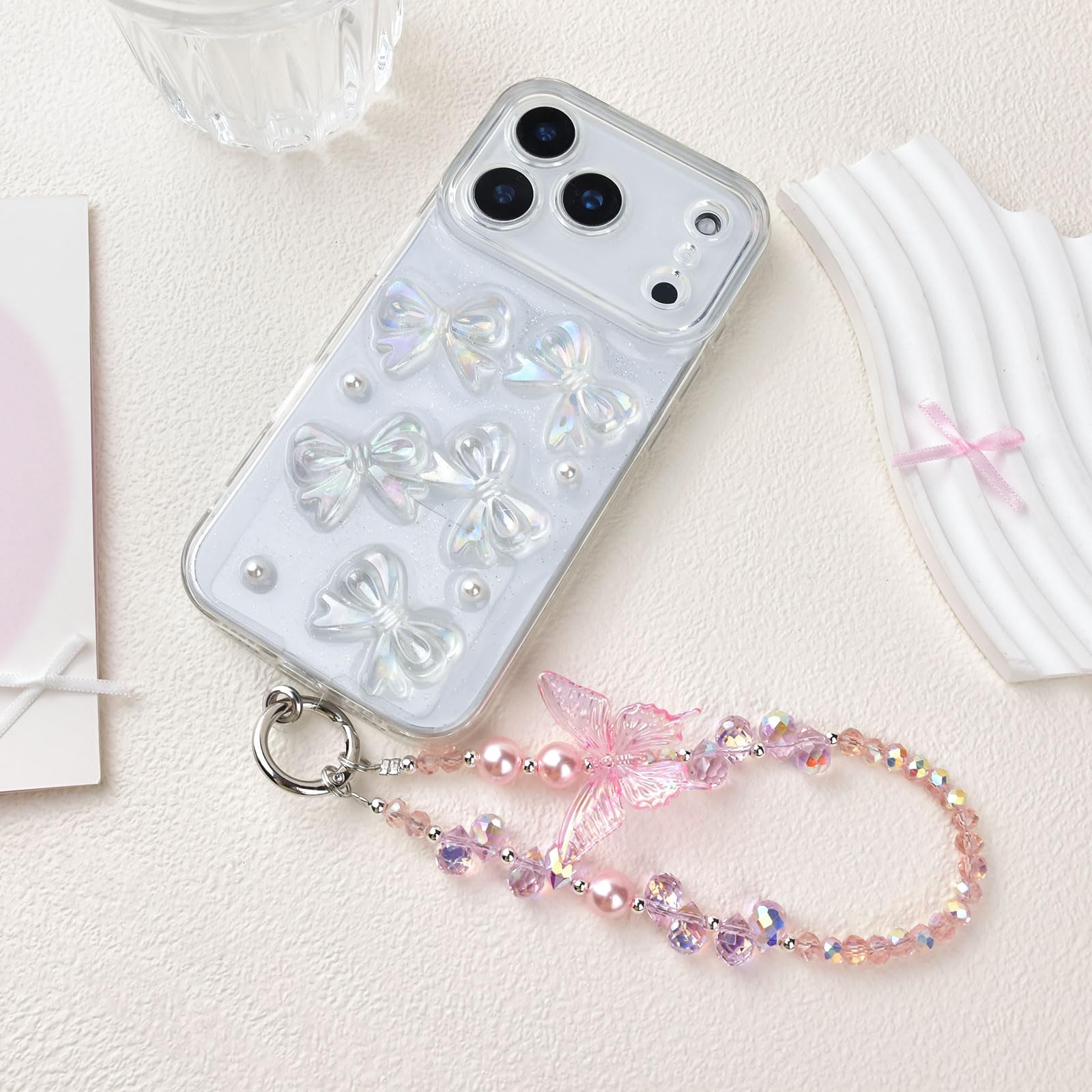 Fycyko Beaded Phone Wrist Strap,Crystal Glitter Cute Butterfly Keychain Wristlet,Phone Chain Wristlet Purse Bag Charms — view 6