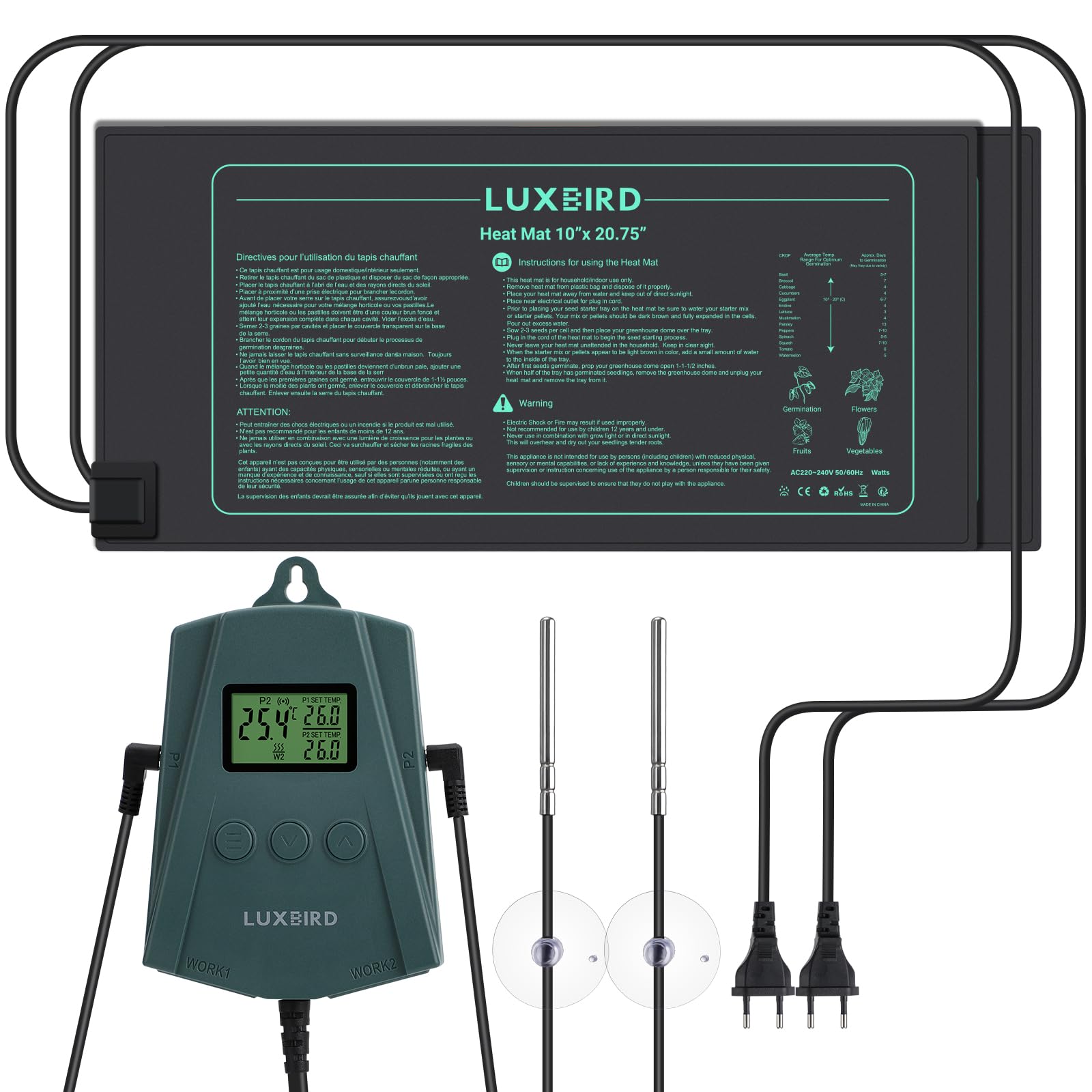 Luxbird Alfombrilla térmica para plántulas y Controlador de termostato, 21W Mantas calefactoras, Esterilla Calefactora para Siembra y Germinación en Interiores 2 Pieza Esterilla calefactora