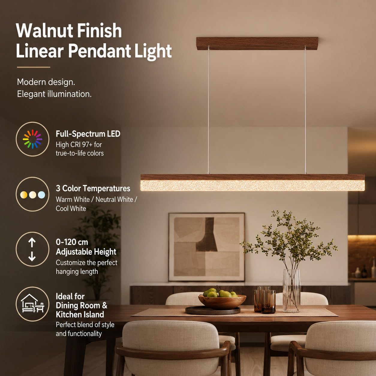 Lampadario a Sospensione LED, Lampada Lineare per Tavolo da Pranzo e Isola Cucina, Colore Noce, 3 Temperature 3000K/4000K/6000K, Altezza Regolabile 0–120 cm,120cm