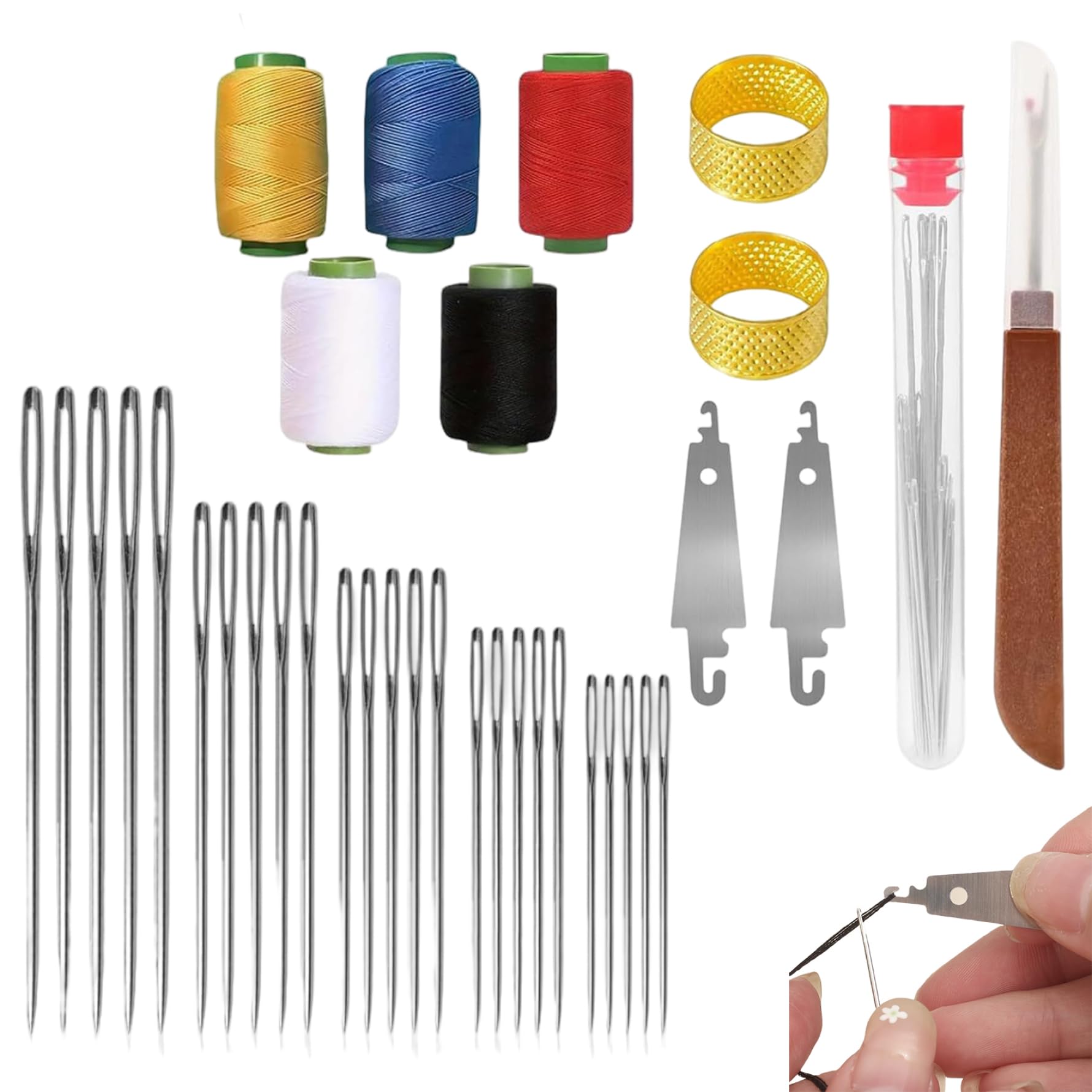 36-Piece Stainless Steel Hand Sewing Needles Kit, Big Eye Needles with Threader Thimble Spools