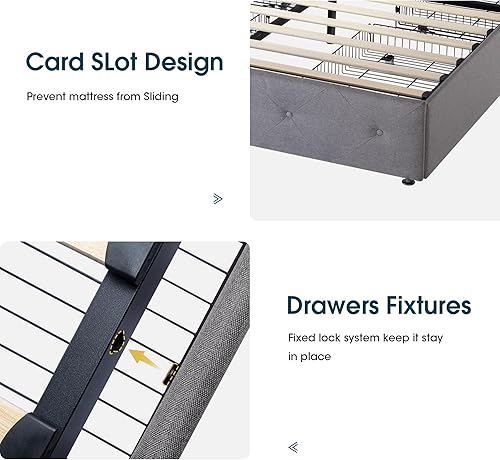Miniatura 77 de WEEWAY Base de cama de plataforma tamaño Queen con 4 cajones de almacenamiento, cabecera capitonada con botones de costura de diamante, base de