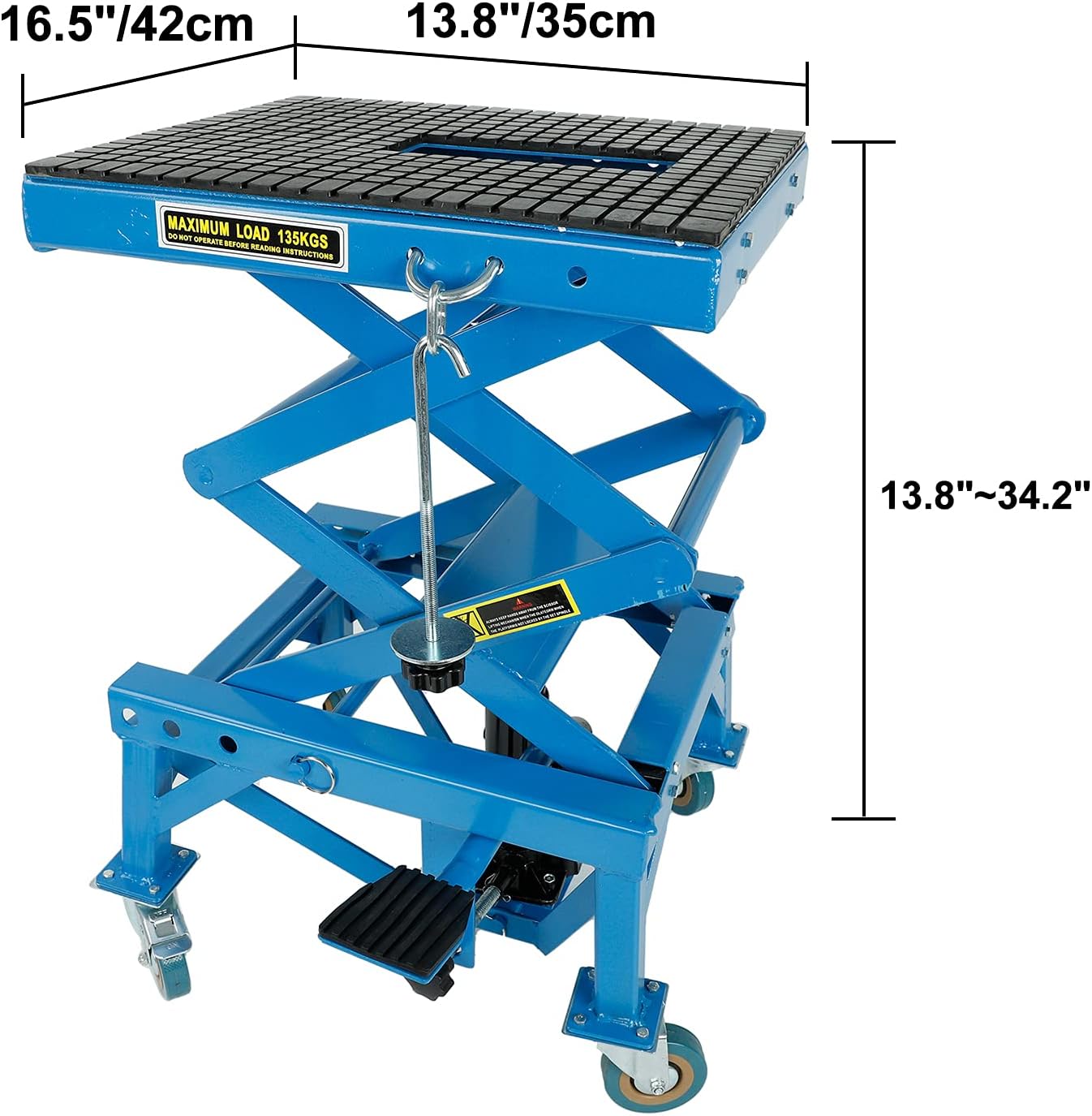 300lbs Heavy Duty Hydraulic Motorcycle Scissor Jack Lift with The Foot Peg Hold Downs Fit for Motorbike Dirt Bike Hydraulic Center Stand Lift with 4 Wheels
