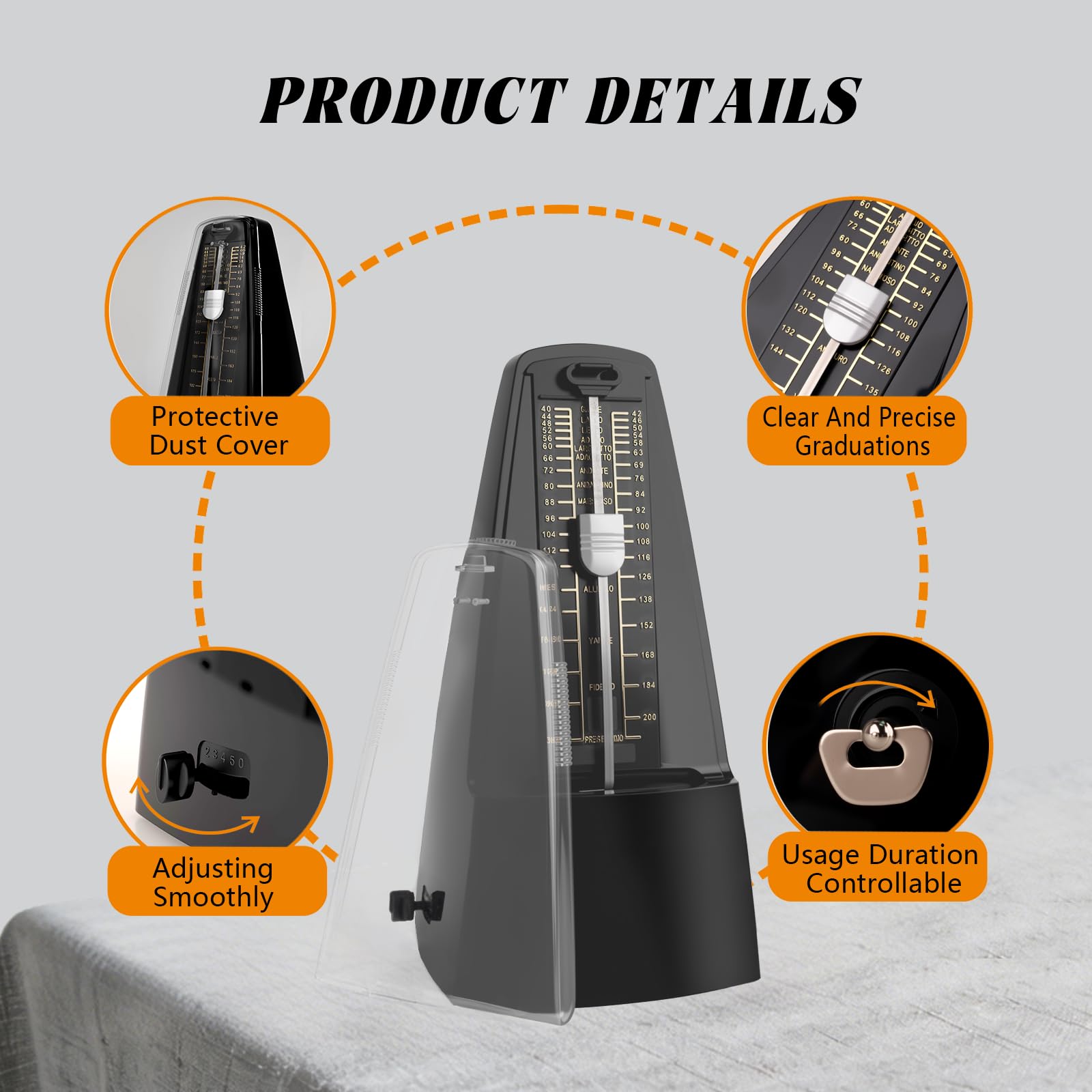 Métronome mécanique universel noir pour piano, guitare, violon et autres instruments