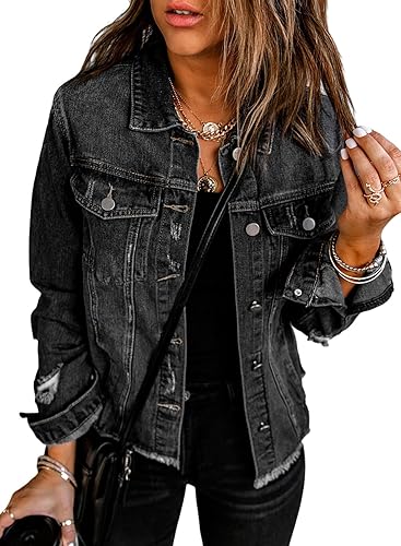 EVALESS Womens Boyfriend Washed Crop Denim Jean Jacket Coat