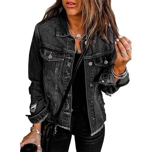 EVALESS Womens Boyfriend Washed Crop Denim Jean Jacket Coat