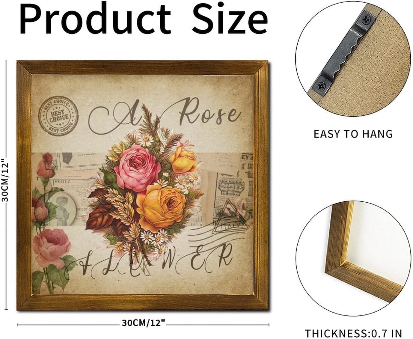 Vintage French Rose Flower Framed Wood Sign Retro Newspaper Music Note Wood Plank Hanging Sign Classic Garden Floral Wood Wall Hanging Decorative for Home Restroom Bathroom Toilet Kitchen 12x12 inch