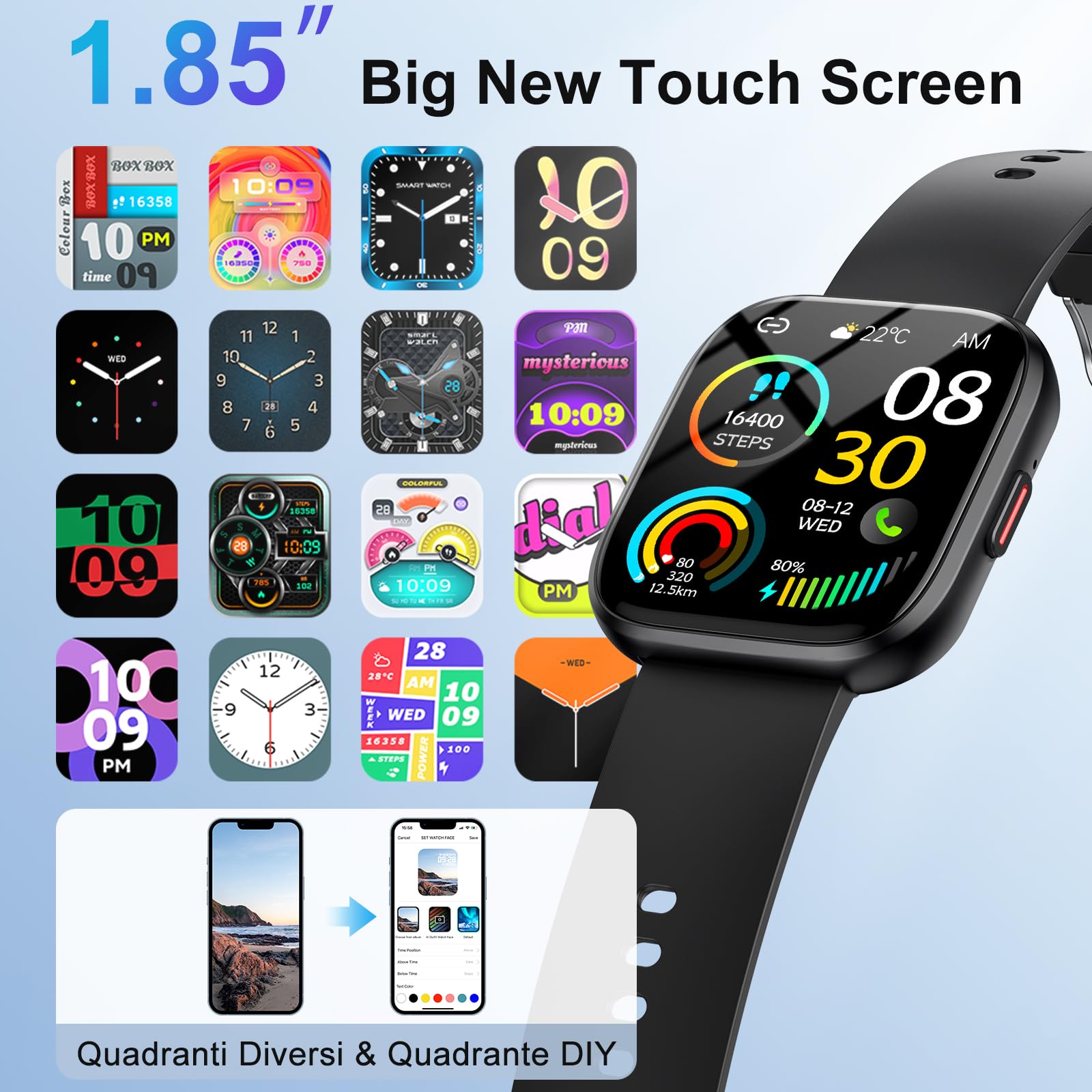 Smartwatch Uomo donna Rispondi/Effettua Chiamate, 1.85 Schermo Smartwatch Orologio Uomo, 112 sportivo, IP67 Impermeabile Sportivo Watch con cardiofrequenzimetro/sonno, Fitness Watch per Android e iOS