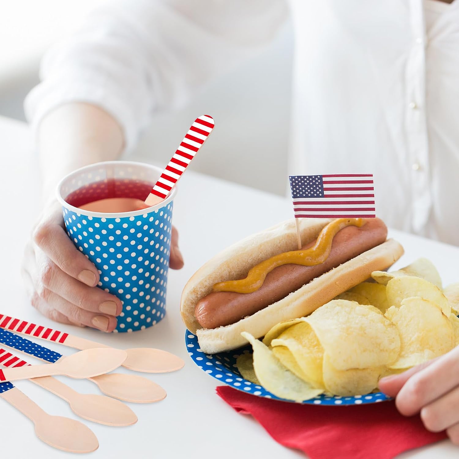 FYSUIMU 120 Pcs Patriotic Wooden Spoons Red Blue American Star Stripe Disposable Tasting Spoon 4th of July Sample Spoon for Independence Day Hot Chocolate Cake Coffee Ice Cream